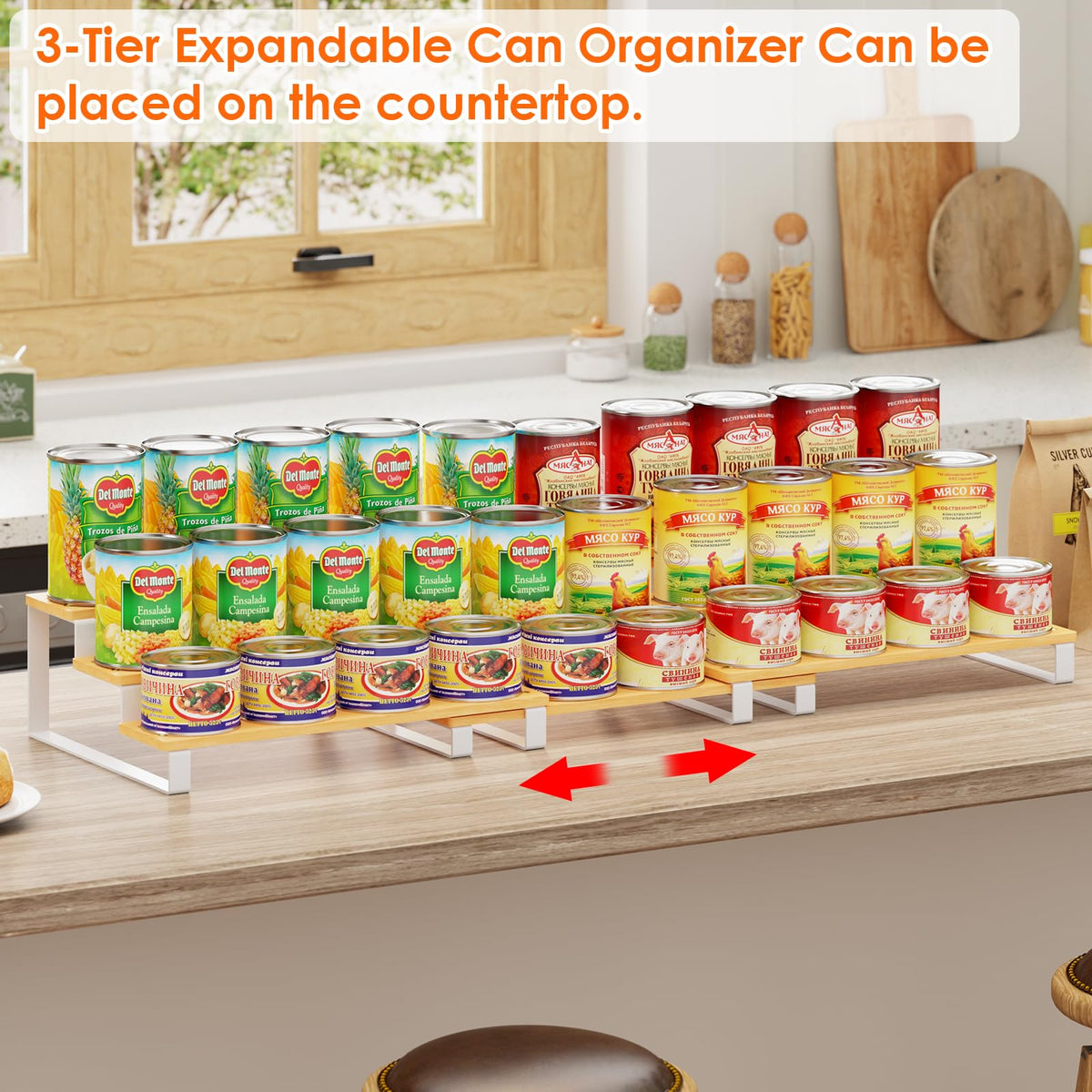 NuoyuanShen 3-Tier Expandable Iron&Bamboo Can Organizer for Pantry Holds Up to 45 Cans,Extra-long Separable Can Organizers and Storage,Can Storage Rack for Pantry Kitchen Cabinet Countertop