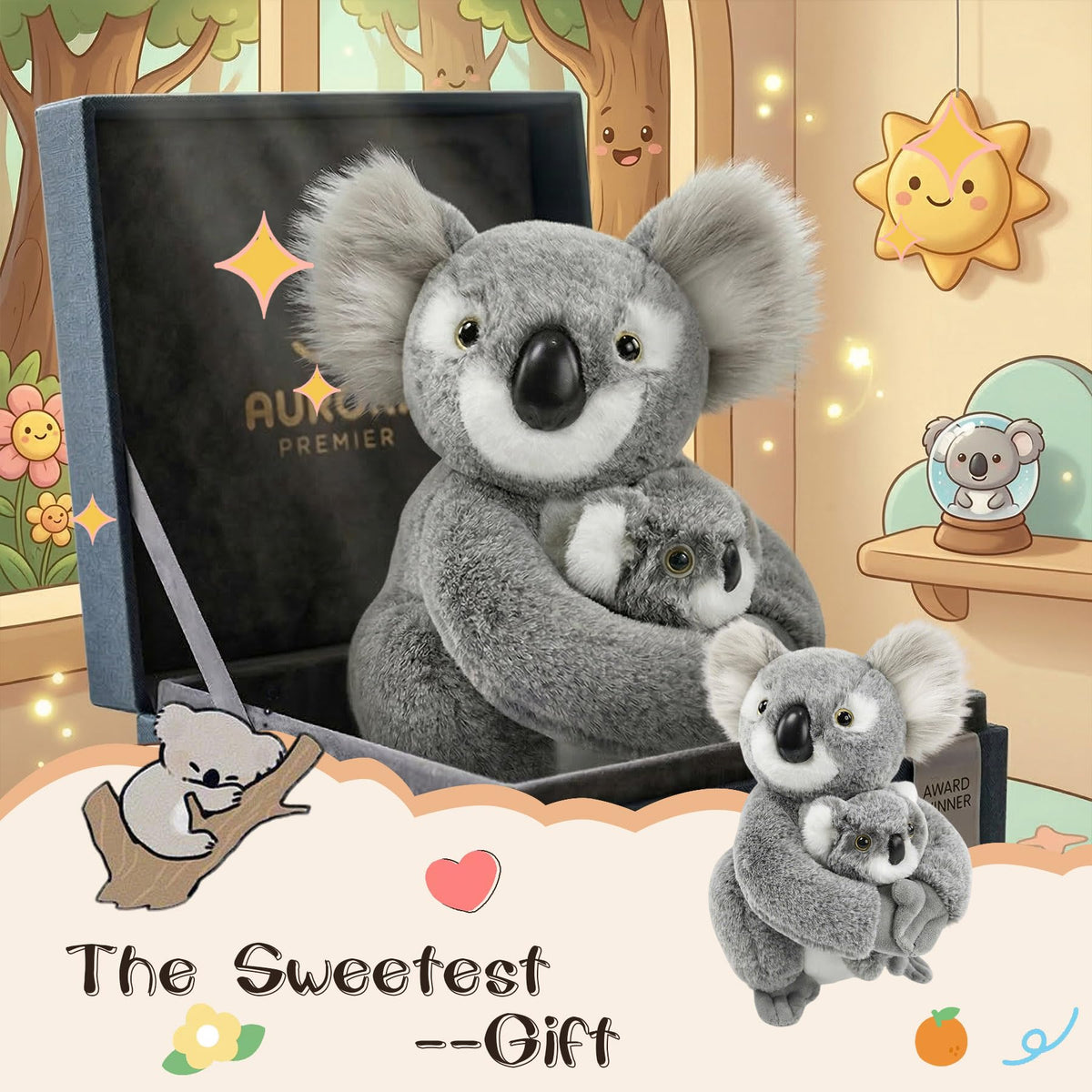JUSTQUNSEEN 2PCS Koala Stuffed Animal with Baby Hugging Koala Bear Plush Toy 10 Inch Cute Soft Mom and Baby Plushies for Girls Girlfriend Women Valentines Day Gifts Kawaii Room Decor Love Present
