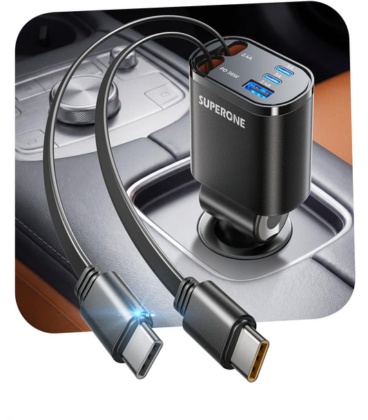 SUPERONE 90W Retractable Car Charger, Dual USB-C Cables Fast Charger Black