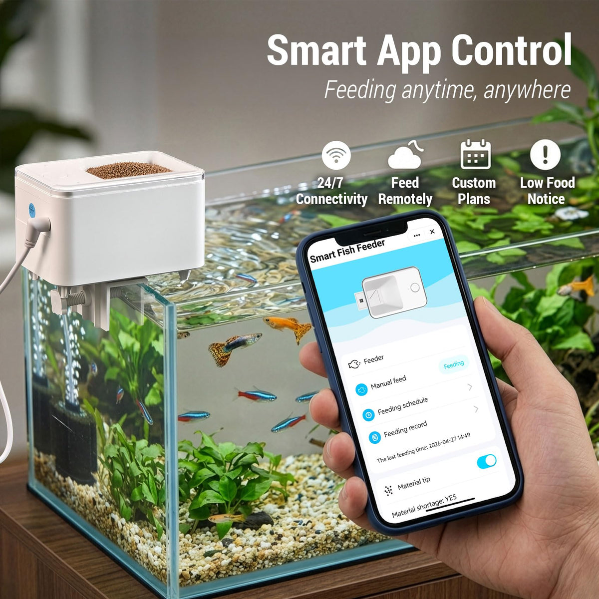 Smart WiFi Fish Feeder, Automatic with App Remote Control, 100ml Tank, USB Powered, Anti-Jam and Moisture-Proof, Clip-On Design for Aquarium