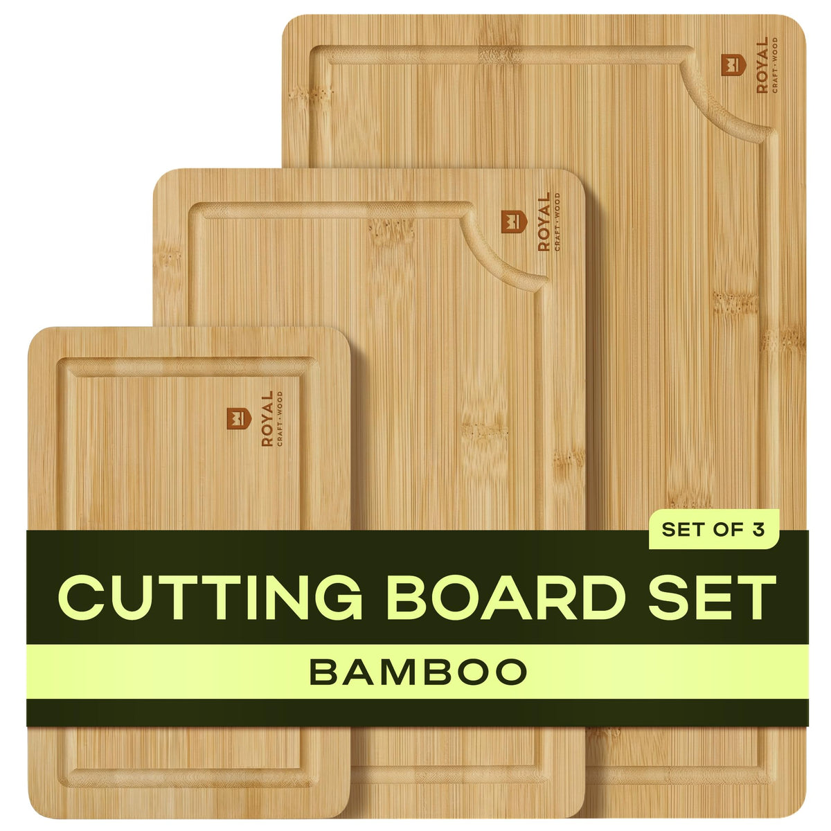 ROYAL CRAFT WOOD Wooden Cutting Boards for Kitchen Meal Prep & Serving - Bamboo Wood Serving Board Set with Deep Juice Groove Side Handles - Charcuterie & Chopping Butcher Block for Meat