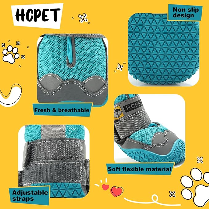 Hcpet Dog Shoes for Large Dogs, Breathable Dog Booties for Small Medium Dogs, Anti-Slip Dog Boots & Paw Protectors for Hot Pavement Winter Snow Hiking with Reflective Straps Blue Size 7