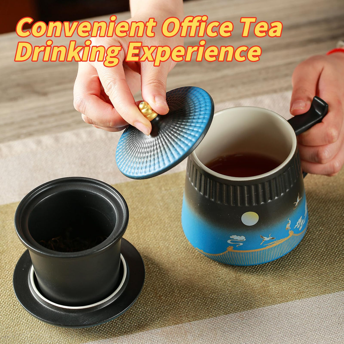 Coolpei Loose Leaf Tea Cup with Infuser and Lid, 14.8oz Chinese Ceramic Mug with Fine Mesh Strainer, Office Steeping Cup for Tea Lovers Gifts