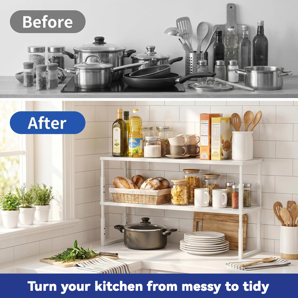 2 Packs Expandable Cabinet Shelf Organizer, Stackable Countertop Shelves