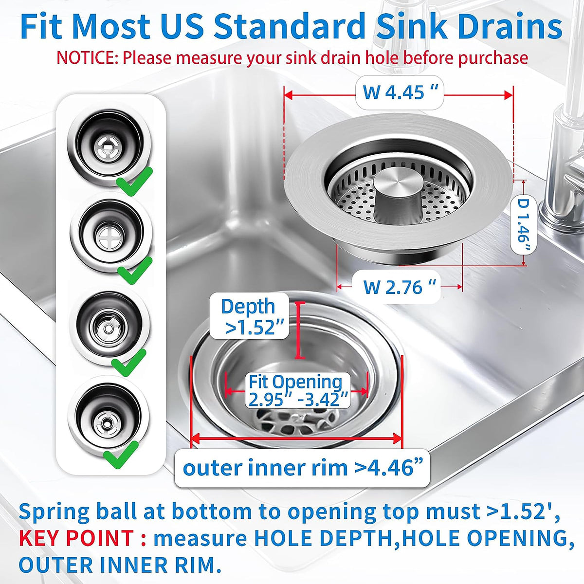 Sink Drain Strainer - Sink Stopper for Kitchen Drain,3 in 1 Kitchen Sink Drain Strainer with Anti Clogging Basket, Easy to Install Kitchen Sink Stopper for US Standard 3-1/2” Drain Hole