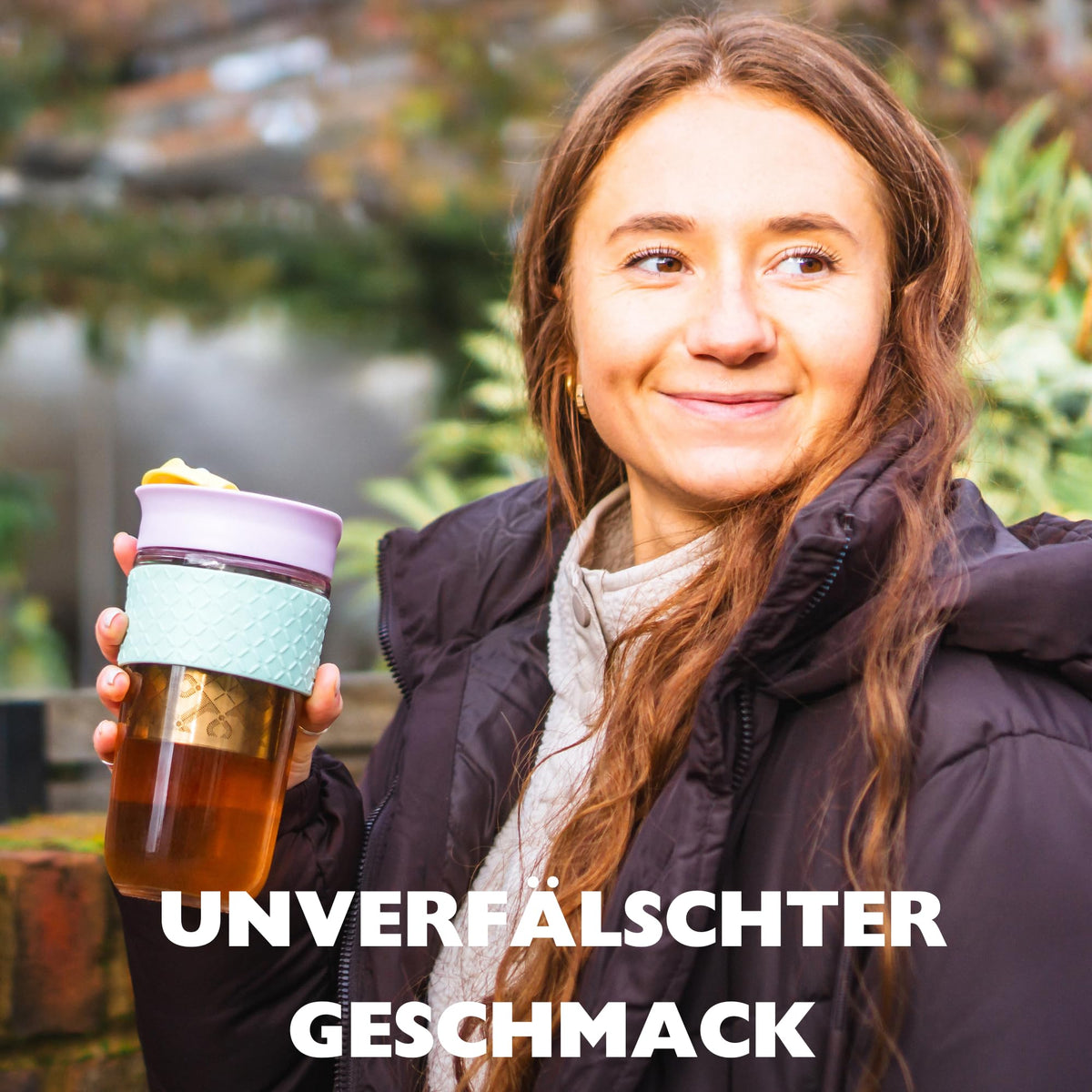 SoleCup. Large Travel Mug Loose Tea Infuser - Detachable Tea Strainer with Spill Proof Lid - 18oz/530ml BPA-Free Reusable Glass Travel Coffee Cup with Silicone Band (Ice Cream, 18oz)