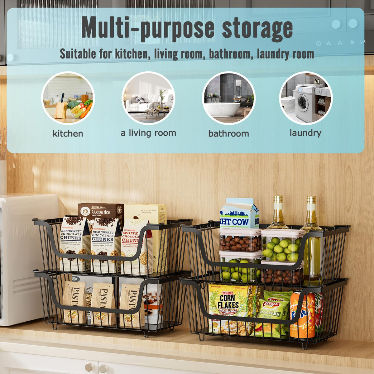 4 Pcs Stackable Wire Baskets Pantry Organizers and Storage Bins,Black