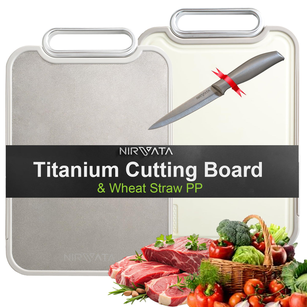 NIRVATA Titanium Cutting Boards for Kitchen - Metal Cutting Board with Chef Knife, 2-in-1 Pure Titanium & Food Grade PP, Meat Chopping Board, Large Cutting Board, 16” × 11” (Titanium)