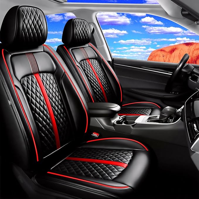 Fit Accord Car Seat Covers for Select Honda Accord 2012-2026 - Premium Full Coverage Leather, Airbag Compatible, Waterproof & All Weather Seat Cushion Protector, Full Set, Black with Red Trim