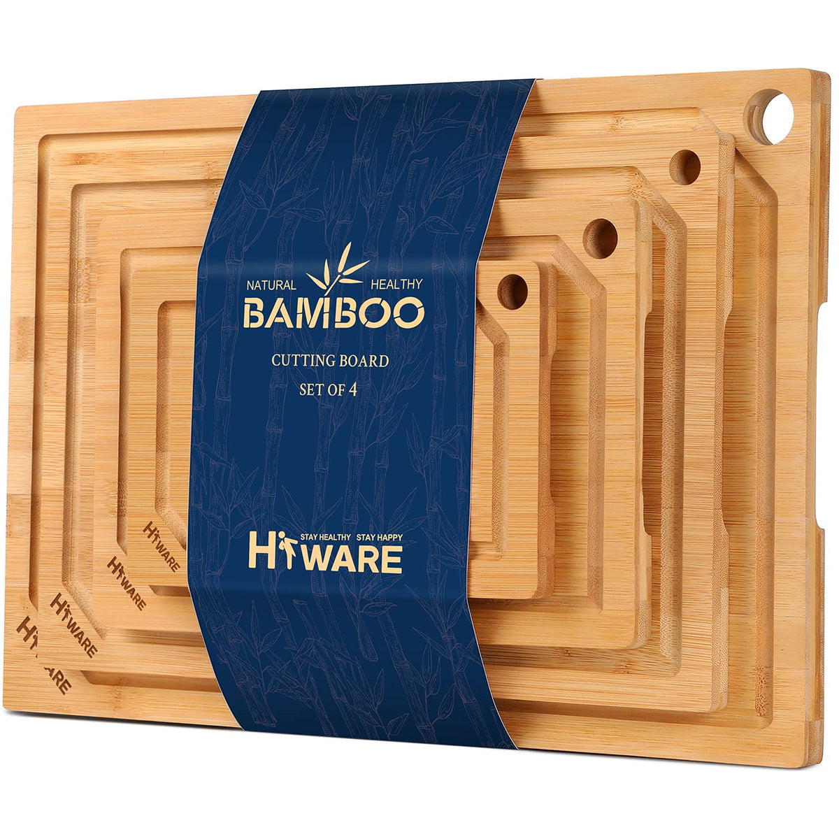 Hiware 4-Piece Extra Large Bamboo Cutting Boards Set for Kitchen, Heavy Duty Cutting Board with Juice Groove, Bamboo Chopping Board Set for Meat, Vegetables - Pre Oiled