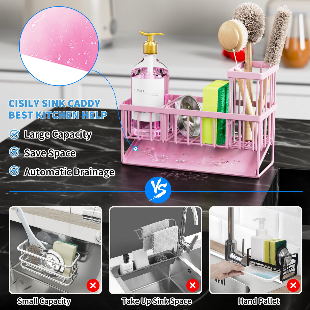 Cisily Pink Kitchen Sink Caddy Organzier with High Brush Holder, Sponge Holder for Sink, 304 Rustproof Stainless, Kitchen Countertop Soap Dispenser Organizer