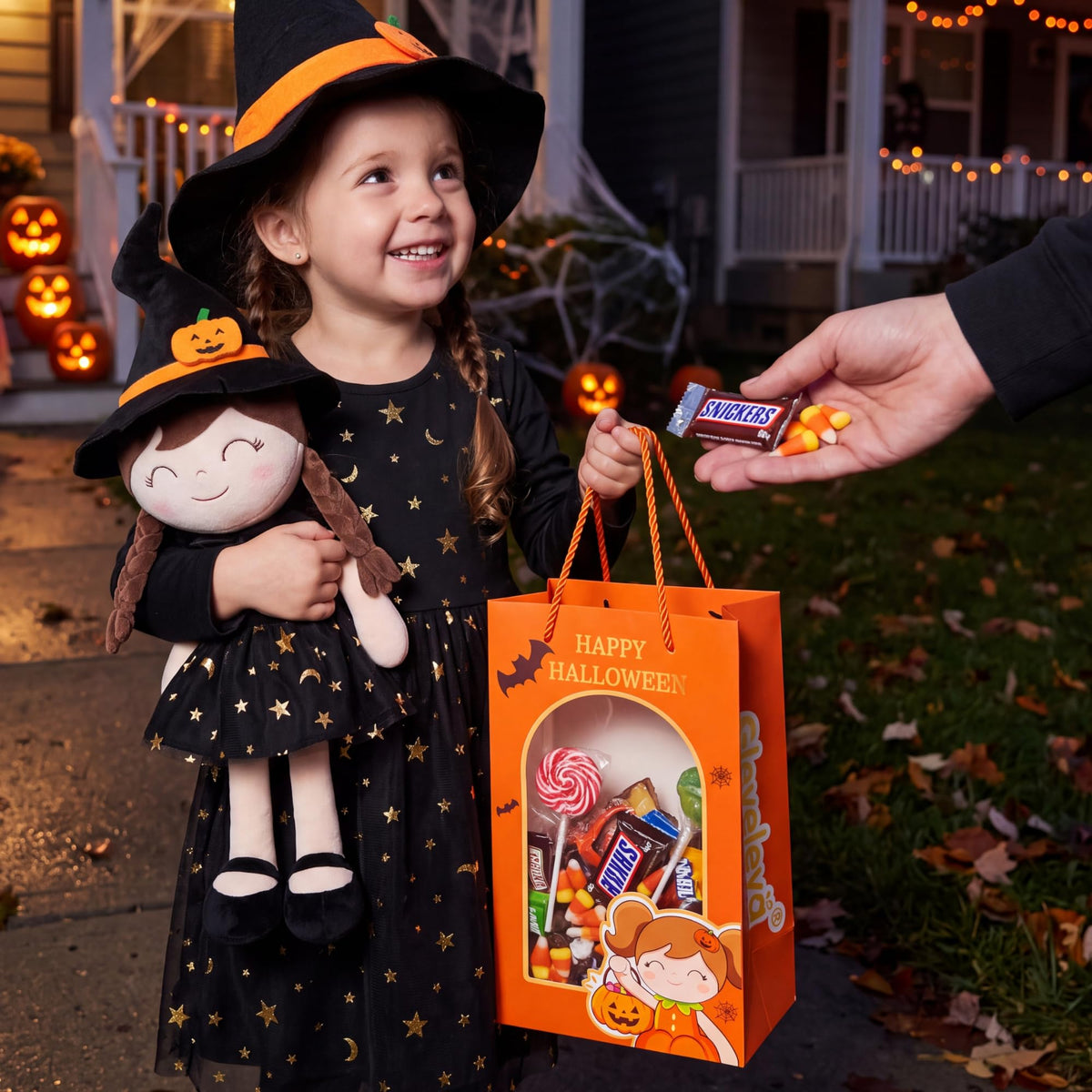 Gloveleya Halloween Soft Plush Toy, Baby Girl Gifts, Witch Doll, Black Dress, 16 Inch