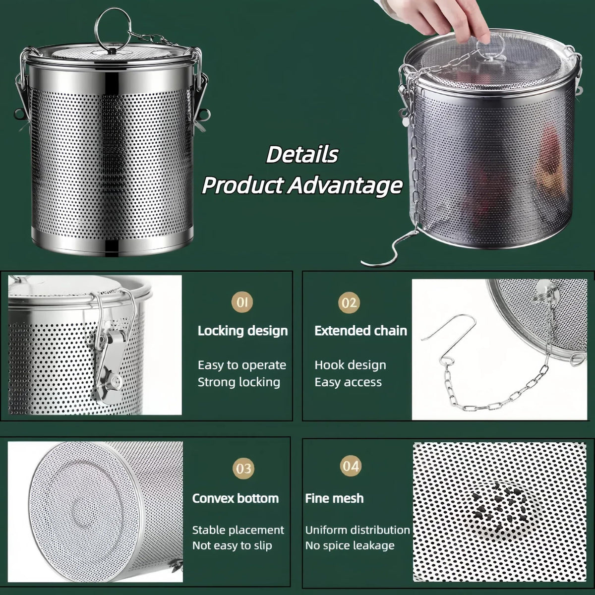 Vexillaris Stainless Steel Spice Infusion Basket, Large Cooking Spice Strainer, Mesh Design Strainer Soup Separator Basket with Chain Hook, Suitable for Home Kitchens (3.2L)