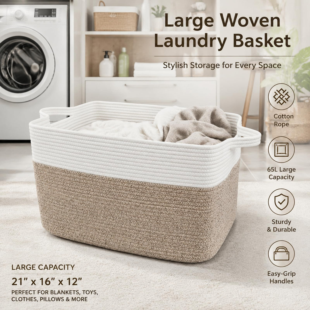 HZFTJOY 65L Laundry Basket with Handles, Woven Blanket Basket, White/Brown