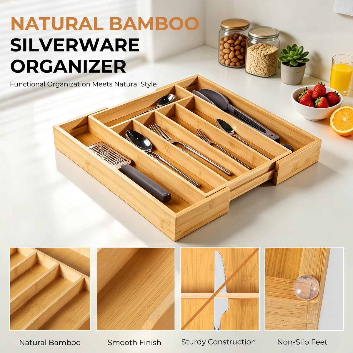 Bellsal Silverware Organizer Kitchen Drawer Organizer Expandable Bamboo Utensil Holder Cutlery Tray for Kitchen Utensil and Flatware Bedroom Office