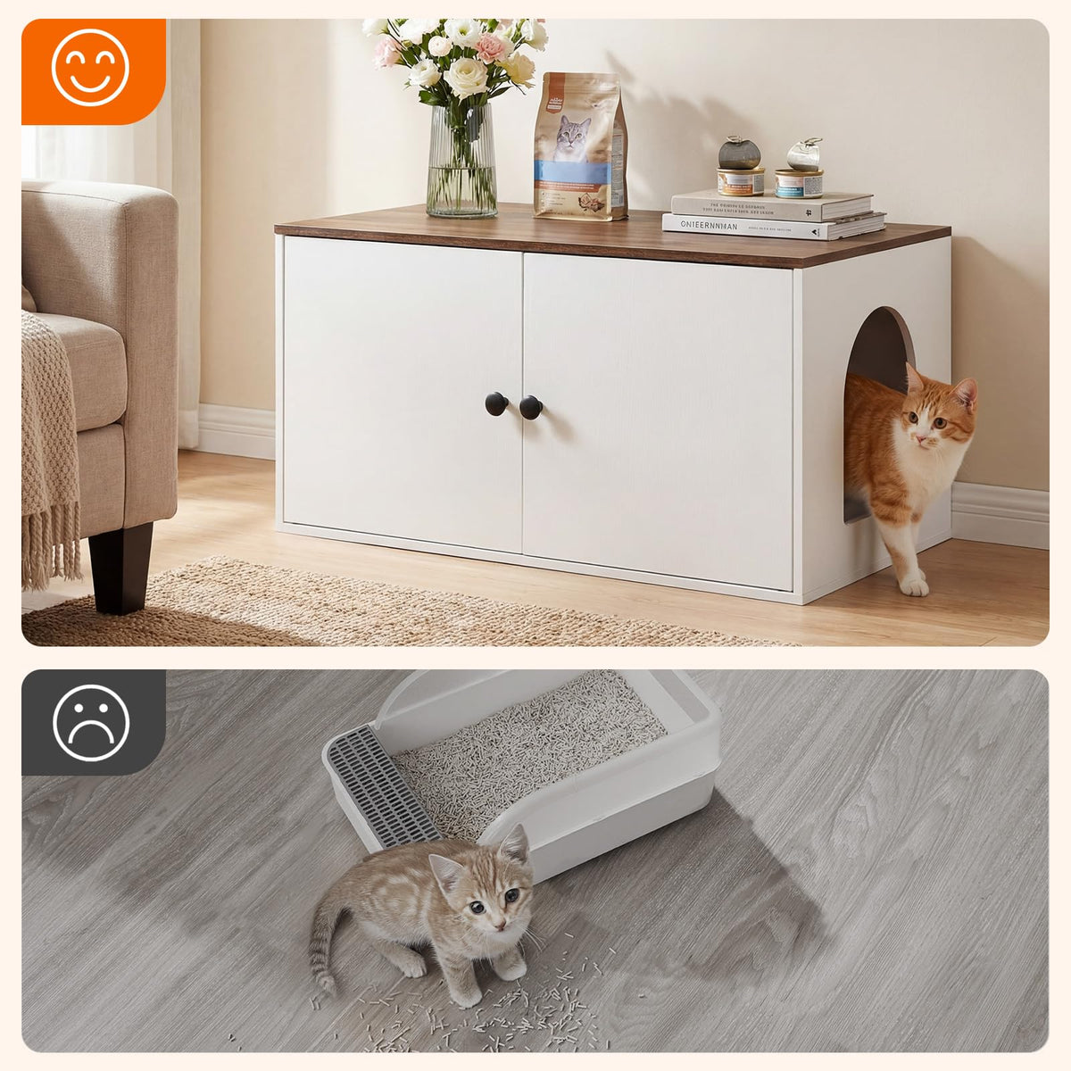 HOOBRO Cat Litter Box Enclosure, Hidden Litter Box Furniture with Side Entry, Litter Box Cabinet, Indoor Cat House, End Side Table, 31.5" L x 17.7" W x 16.3H, for Bathroom, White and Walnut WH40MW01
