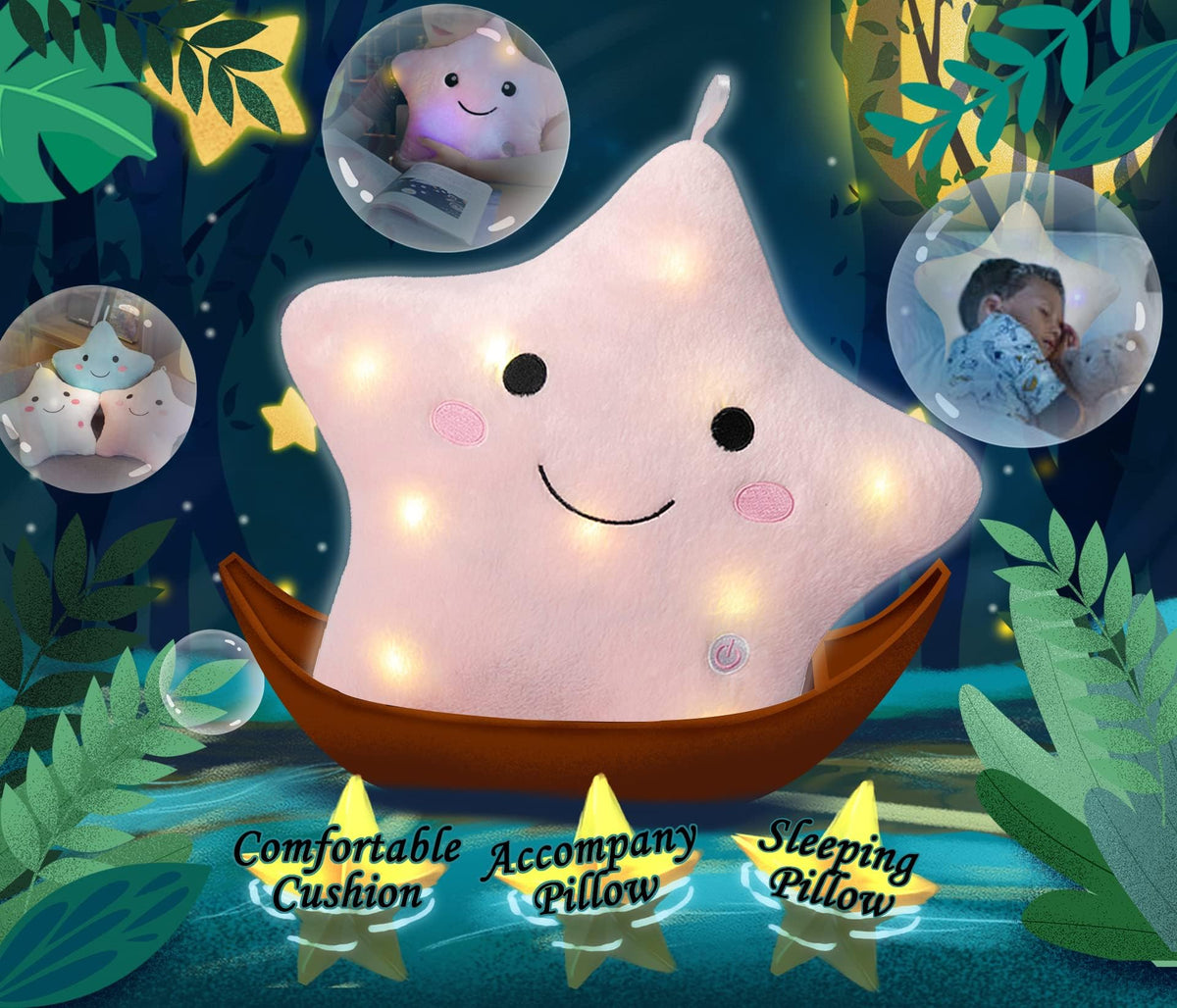DearSun 13.8" Light Up Twinkle Star Pillow, LED Star Plush Pillow with Colorful Night Lights, Soft Glowing Stuffed Star Toy Cute Throw Pillow for Kids, Birthday Gift, Bedroom, Nursery(Pink)