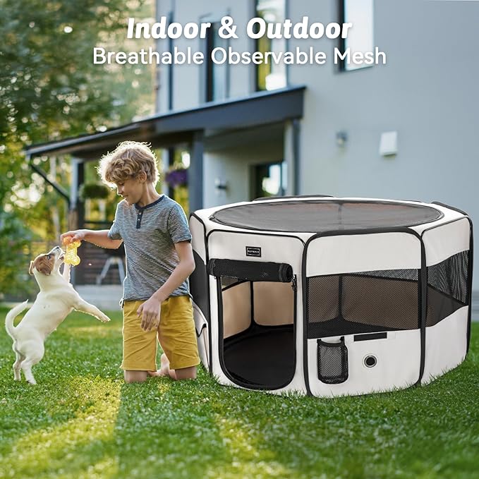 PETSFIT 29" Puppy Playpen with Removable Waterproof Mat & Zippered Roof | RV, Camping, Travel Dog Pen | Indoor/Outdoor Whelping & Cat Observation Space(29.5"x29.5"x16.5"H)