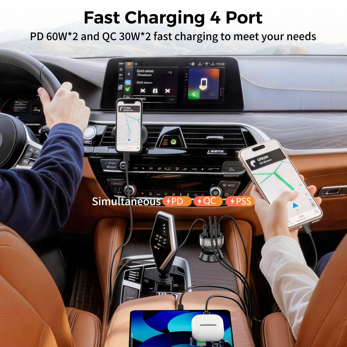 SONRU 4-Port USB C Car Charger, 120W 2*【PD60W+QC30W】 Cigarette Lighter USB Car Charger Adapter, Fast Car Phone Charger for iPhone 17/17 Pro Max/16/15/14 Series, Galaxy S24/23,iPad, Galaxy, Tablet