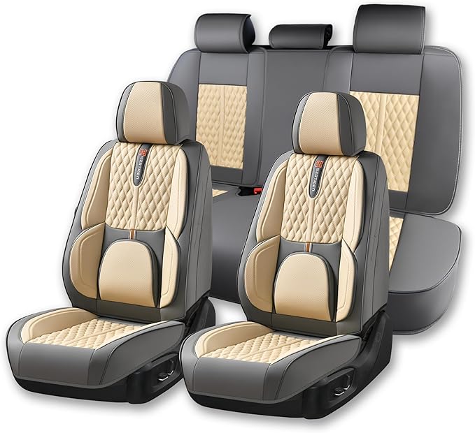 Khaki Car Seat Cover Complete Set, Universal Car Seat Cover for Car with Lumbar Support, Premium Artificial Leather, Waterproof and Easy to Clean, Airbag Compatible, Seat Heating Compatible
