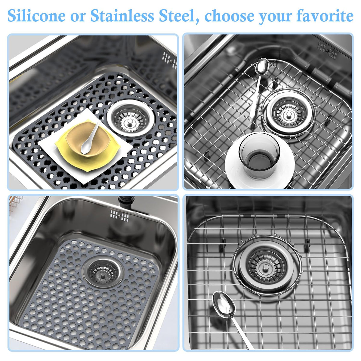 BEHOK 2 Pack Silicone Sink Protector Mat for Kitchen Sink Rear Drian Gray