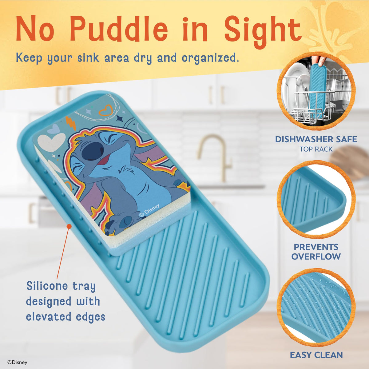 Disney Stitch Sink Drain Strainer, Dish Sponge & Silicone Sink Tray Set