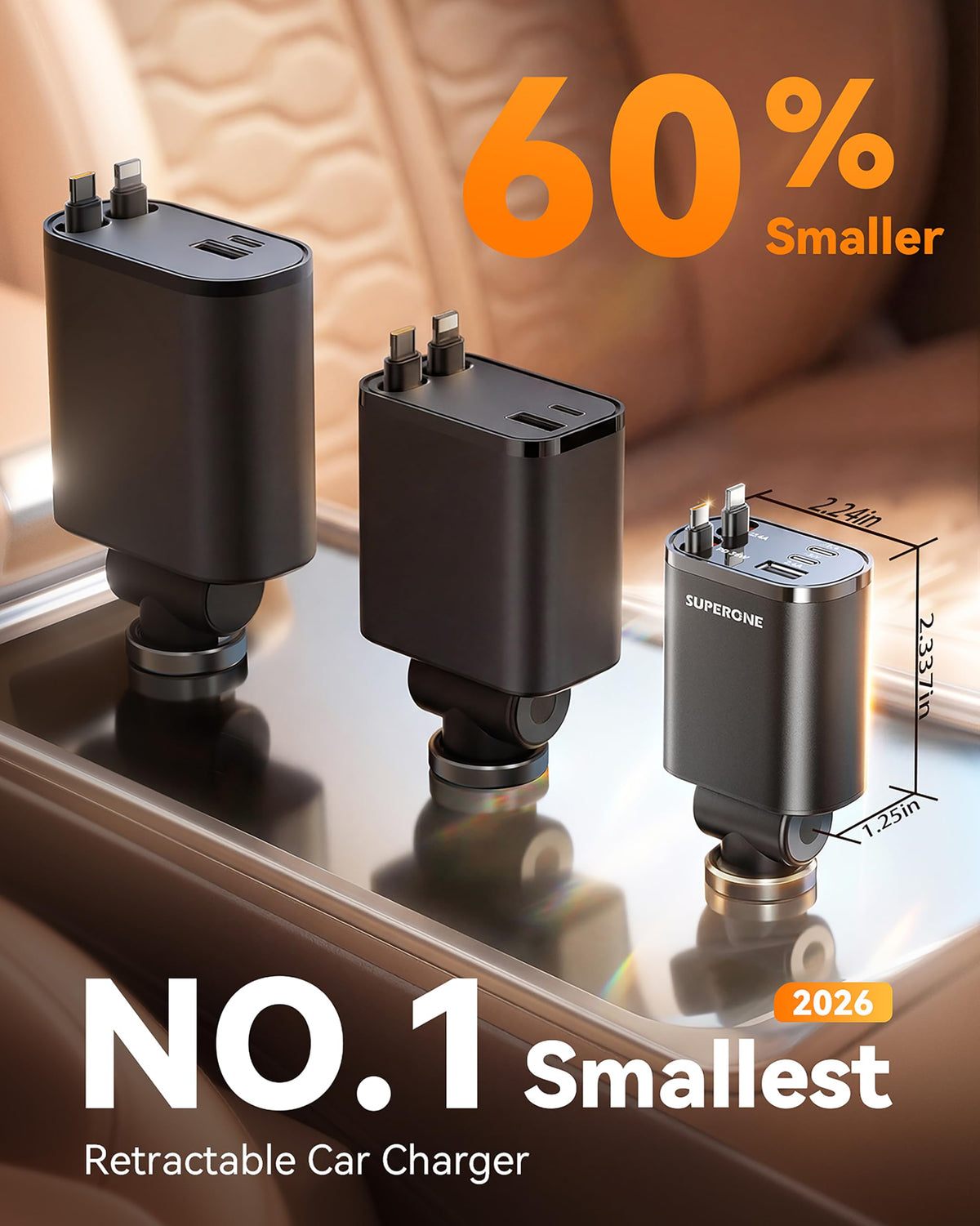 SUPERONE 90W Retractable Car Charger with Dual Cables Car Phone Charger