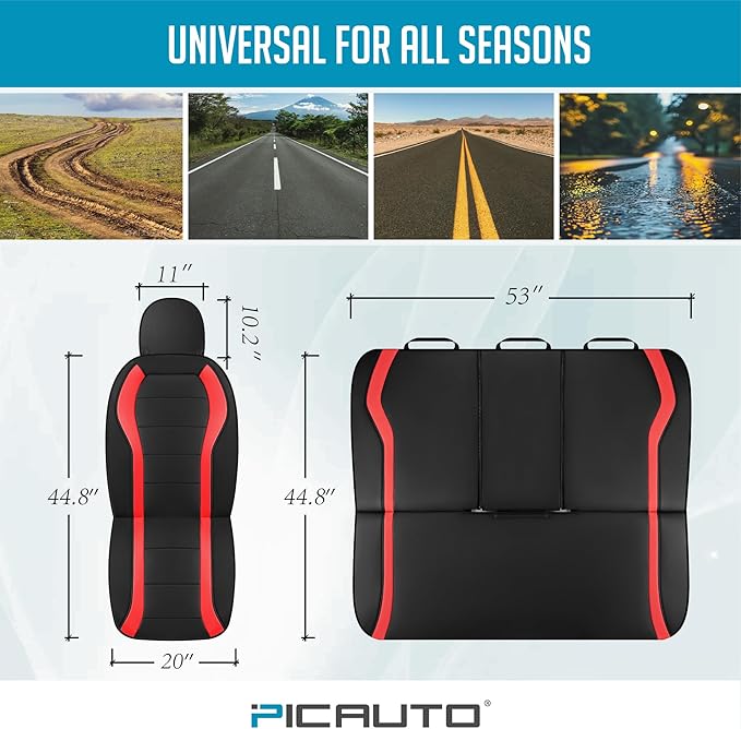 PIC AUTO Leather Car Seat Covers, Premium Automotive Waterproof Front & Rear Full Set Bucket Car Seat Protectors, Black and Red PVC Patchwork, Fits for Cars, Trucks, Van, SUV, Airbag Compatible