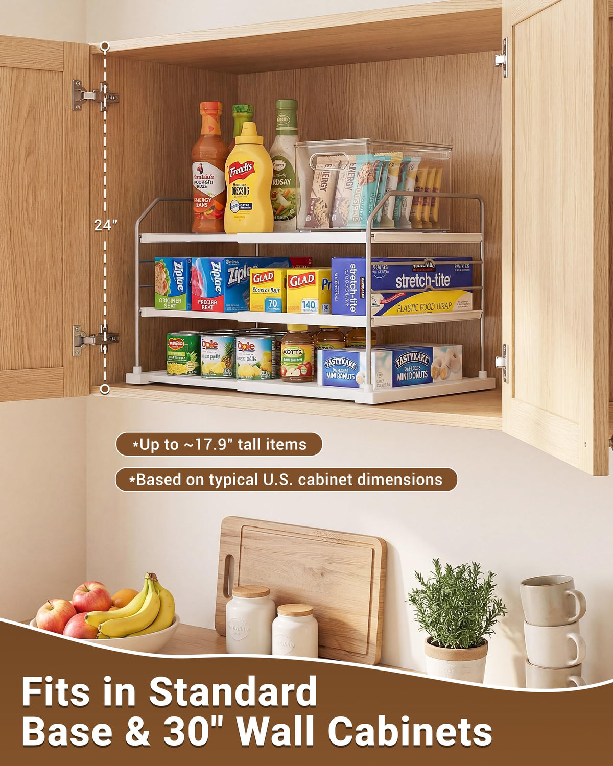 EVERIE Extendable 3-Tier Kitchen Cabinet & Pantry Organizer for Plastic Wrap, Foil & Storage Bags, Adjustable Heavy Duty Shelf Rack for Wrap Boxes, Jars & Snack Boxes (11–16.7 in Wide), Pack of 1
