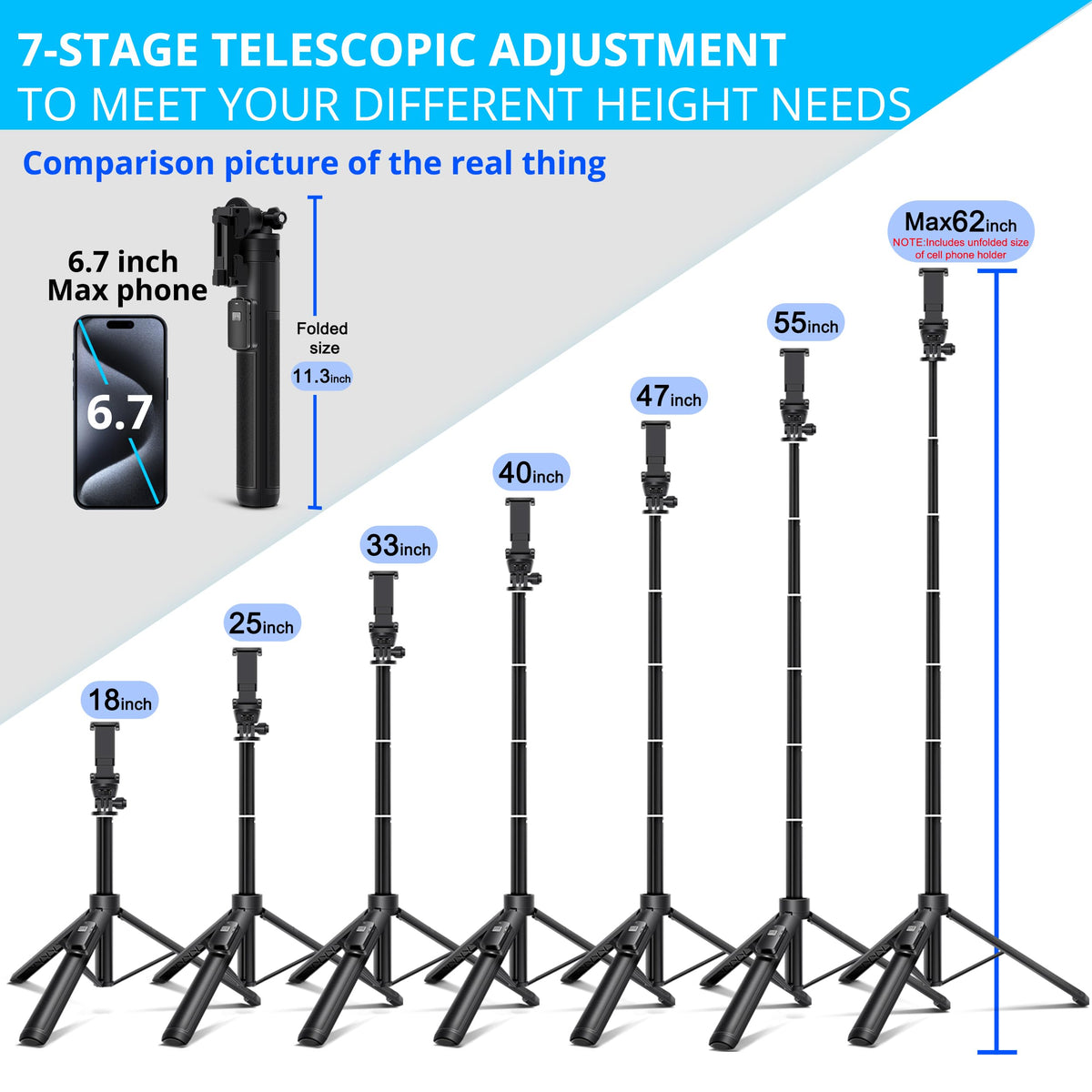 BZE 62 inches Extendable Selfie Stick Tripod with Wireless Remote & Phone Holder, Portable Aluminum Alloy 3 in 1 Stand for Group Photos, Vlogging & Travel Compatible with All Smartphones
