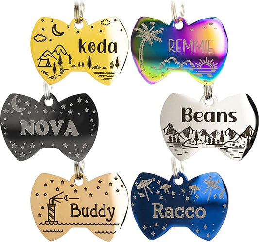 Personalized Dog Tag with 5 Lines of Custom Deep Engraved Durable Stainless Steel Pet ID Name Tag Designer Regular Size Bow Tie