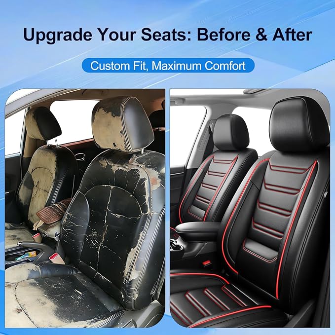 Fit Insight Car Seat Covers for Select Honda Insight 2010-2022, Premium Full Coverage Leather, Airbag Compatible & Scratch-Resistant, Waterproof All Weather Seat Protector, Full Set, Red Trim