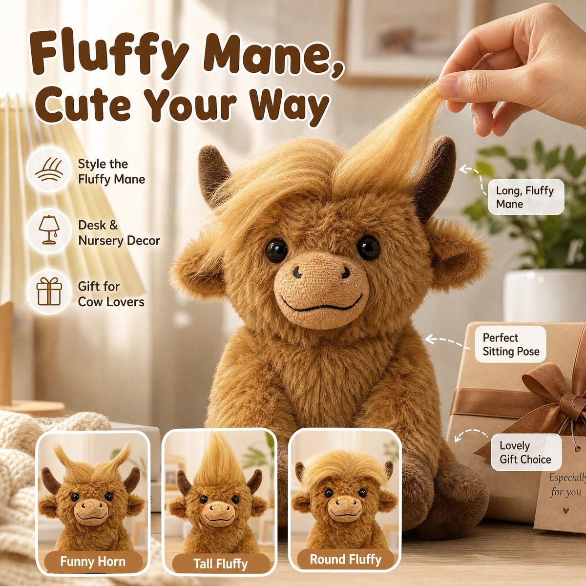 SHSEEN Highland Cow Plush, 8-Inch Brown Cow in Window Gift Box
