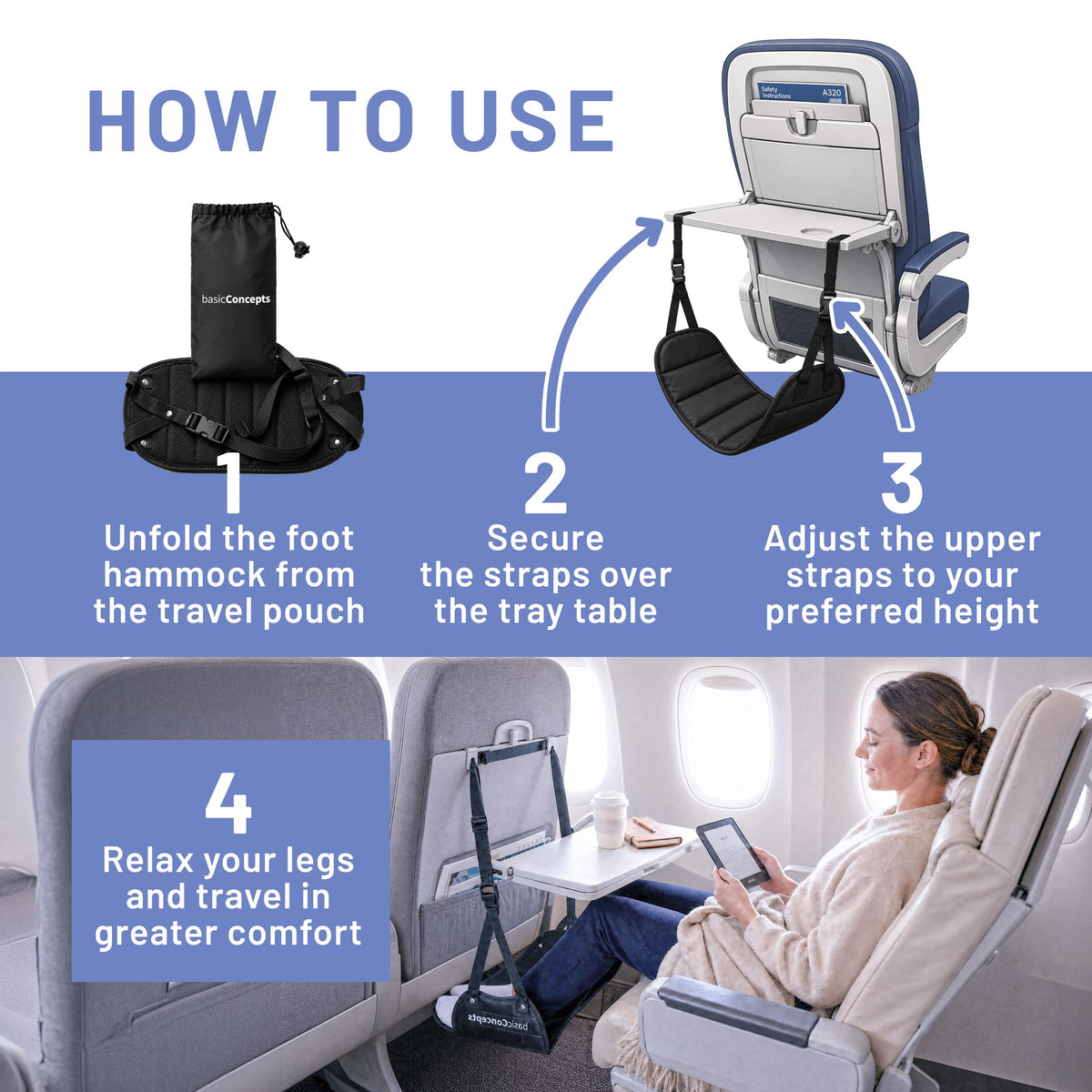 BASIC CONCEPTS Airplane Foot Hammock for Plane Travel Essentials - Airplane Travel Essentials, Long Flight Foot Rest - Plane Gadgets