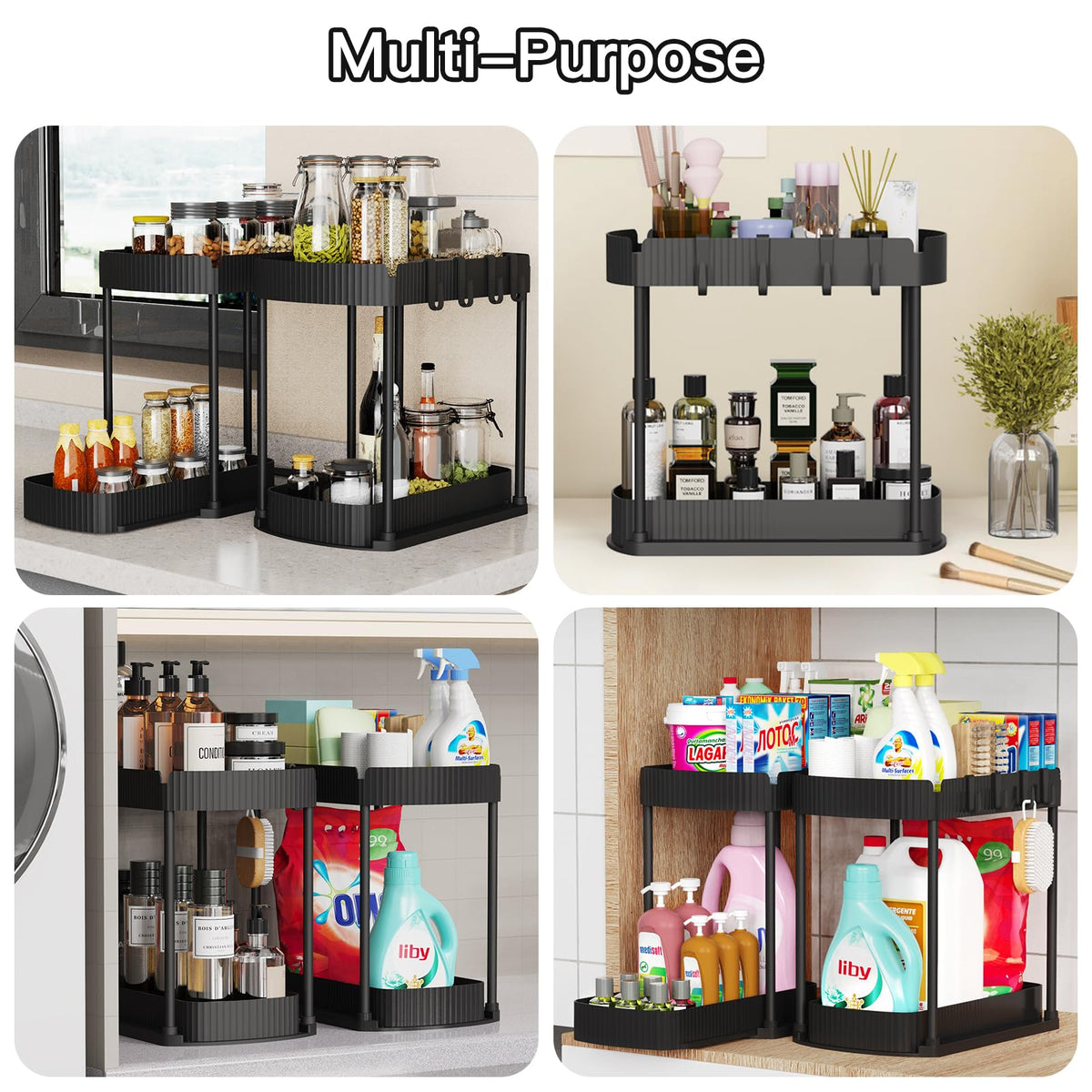 2 Packs Under Sink Pull-Out Storage Organizers, 14.8 Inches, Black