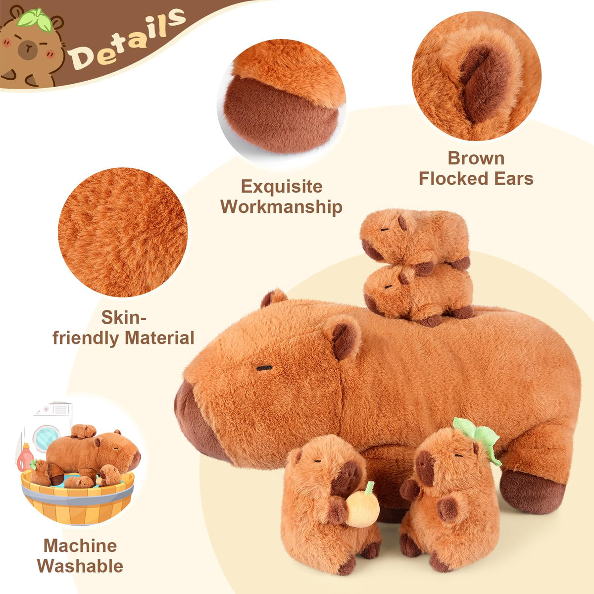 SuzziPals Capybara Plush Toys with 4 Babies, Cute Capybara Gifts for Kids