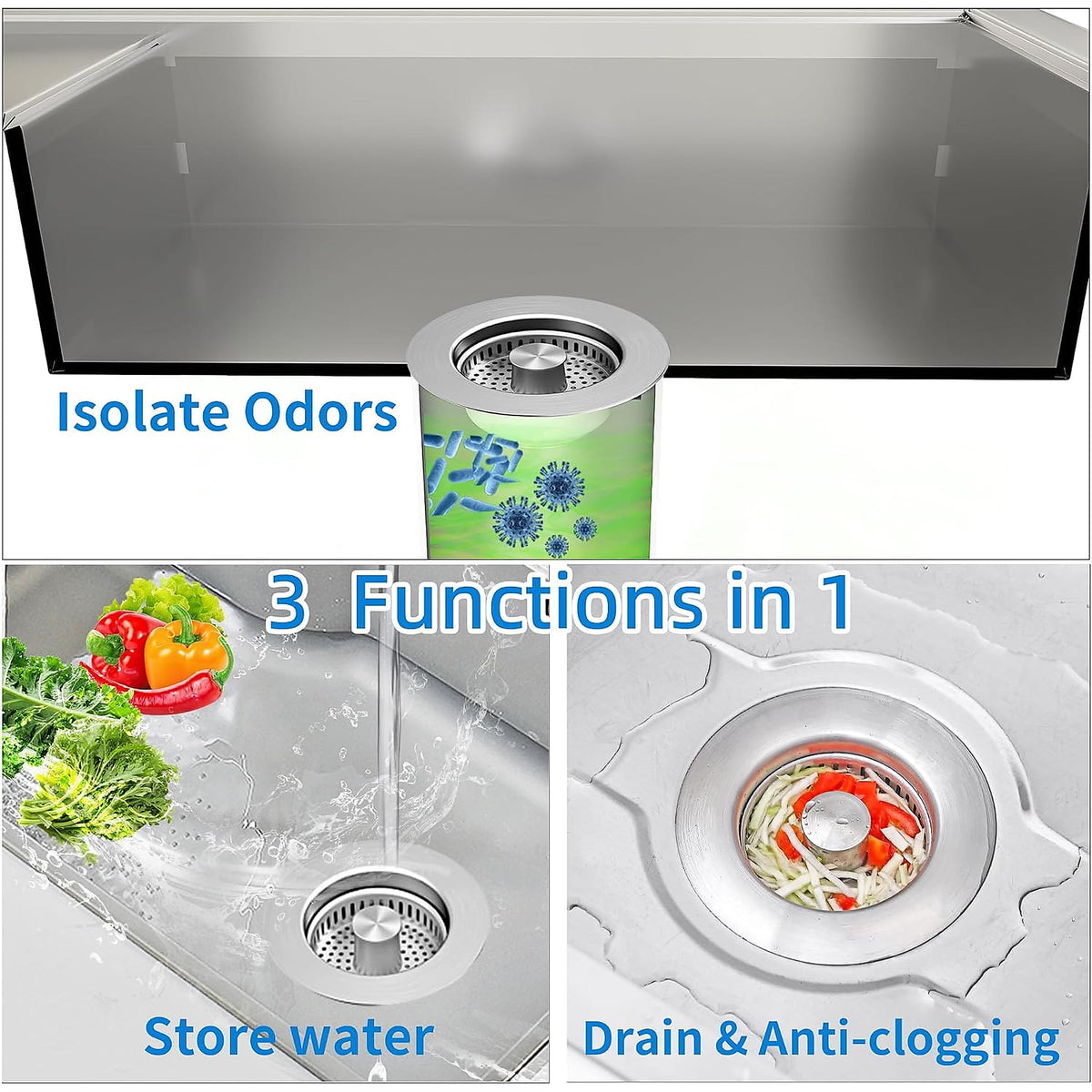 Sink Drain Strainer - Sink Stopper for Kitchen Drain,3 in 1 Kitchen Sink Drain Strainer with Anti Clogging Basket, Easy to Install Kitchen Sink Stopper for US Standard 3-1/2” Drain Hole