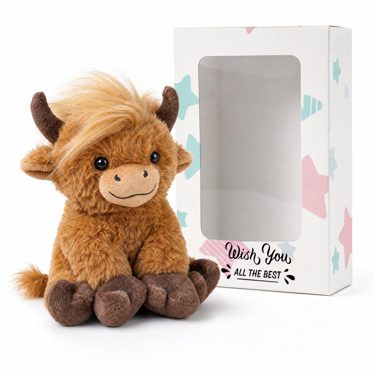 SHSEEN Highland Cow Plush, 8-Inch Brown Cow in Window Gift Box