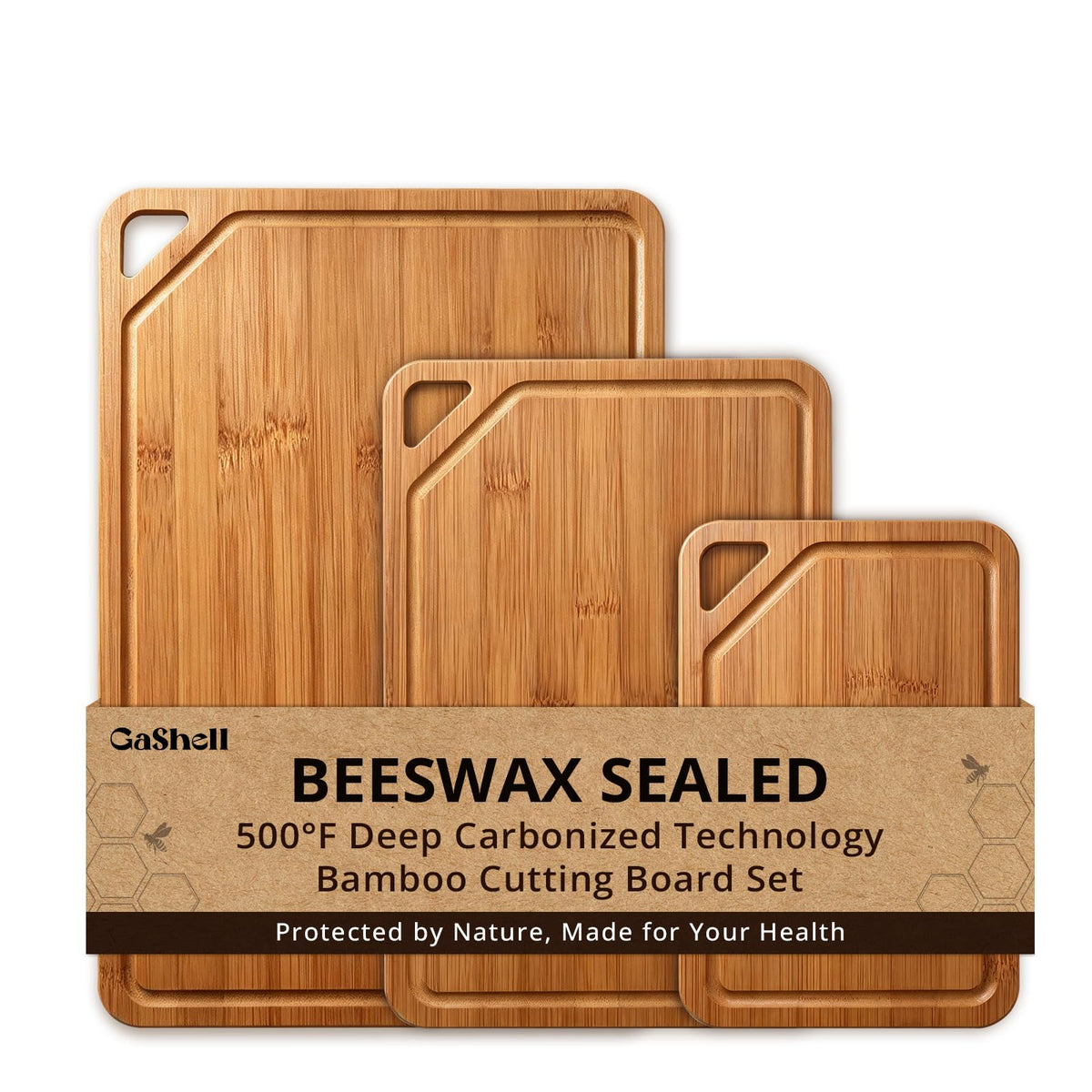 GASHELL Bamboo Cutting Board Set with Beeswax Coating for Kitchen(S+M+L)
