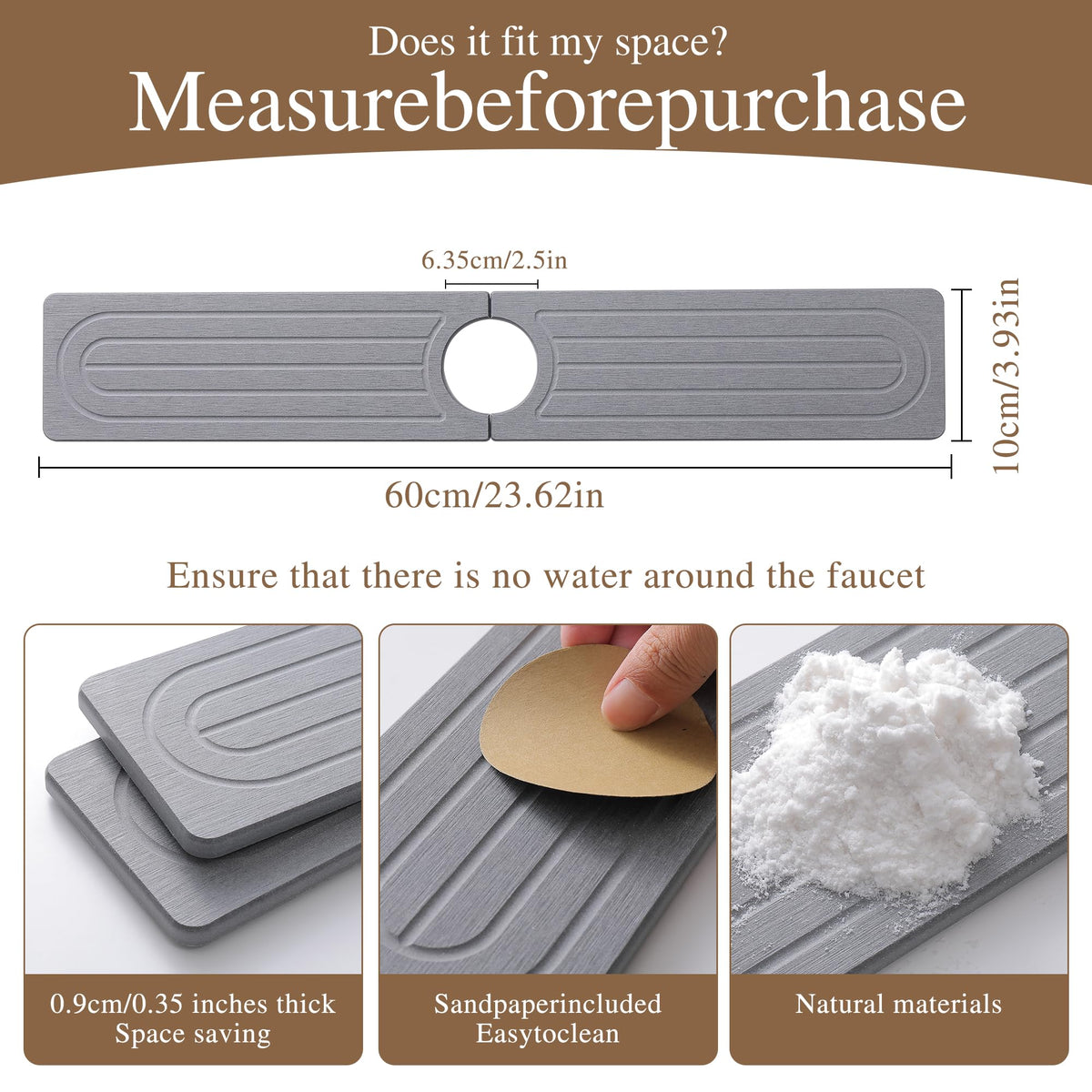 SUXLINA Diatomite Faucet Mat for Kitchen Sink, Quick-Dry Stone-Like Sink Mat, Flat Lay Absorbent Countertop Drying Mat for Faucet Area, Hard Diatomite Mat, Gray, 23.6 x 4 in