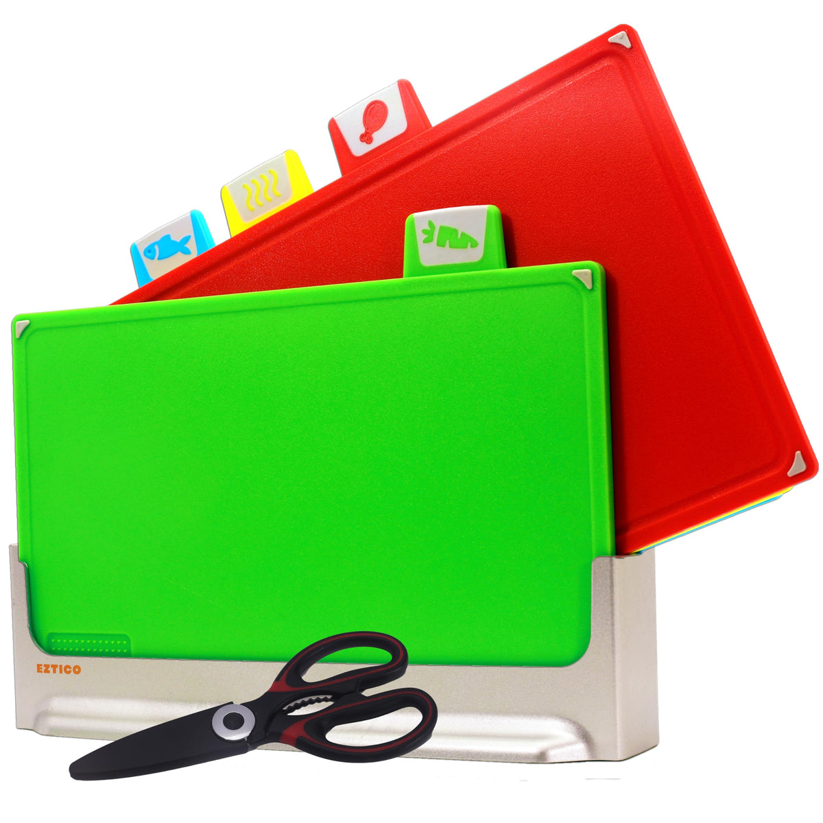 Cutting Board Set 12"L x 9"W: 4-Piece Color-Coded, Non-Slip, BPA-Free, Perfect kitchen essentials for new home, Dishwasher Safe with Premium Scissors & Chopping Board Organizer, Quality kitchen stuff.