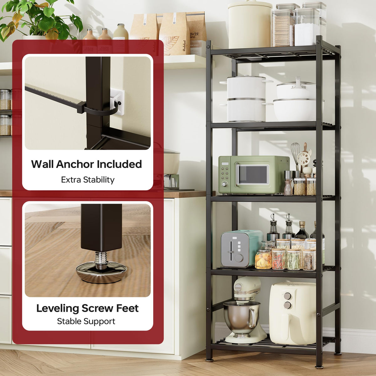 Tujurich Storage Shelves, 5-Tier Metal Shelving Unit with Leveling Feet, Shelf Organizer for Garage, Kitchen, Pantry and Closet Organization,17.7" x 11.8" x 56.3", Black
