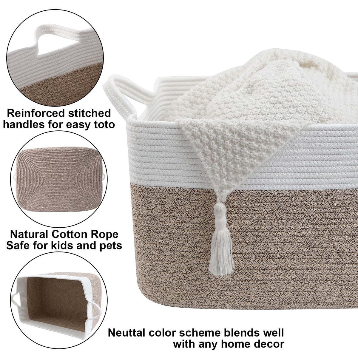 HZFTJOY 65L Laundry Basket with Handles, Woven Blanket Basket, White/Brown