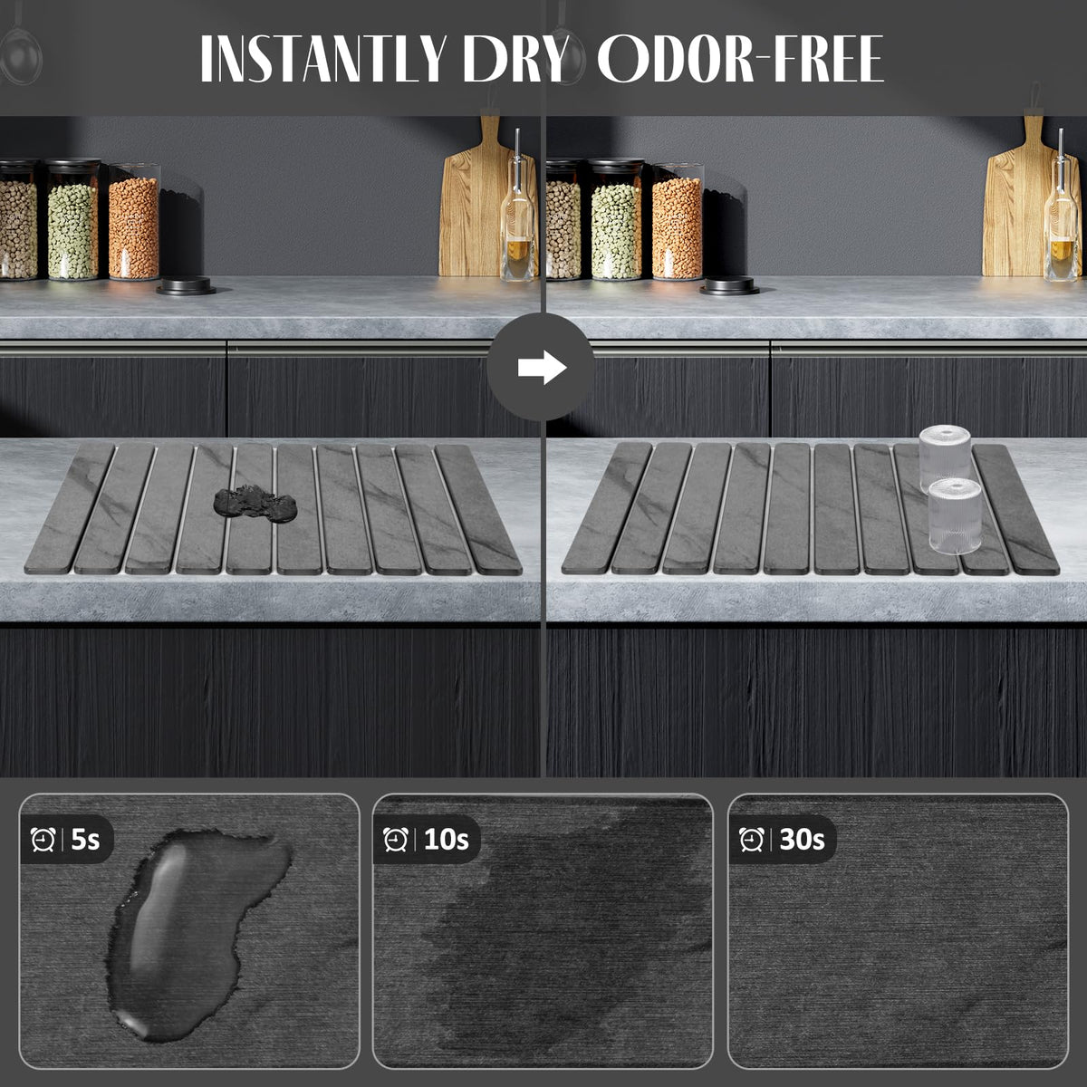 2 PCS Large Stone Dish Drying Mat for Kitchen Counter, 24"×16" Marble-Pattern Dish Drying Mat with 8"x 4" Coasters, Non - Slip Collapsible Absorbent Mat for Multi - Purpose, Match Any Countertop【Gray】