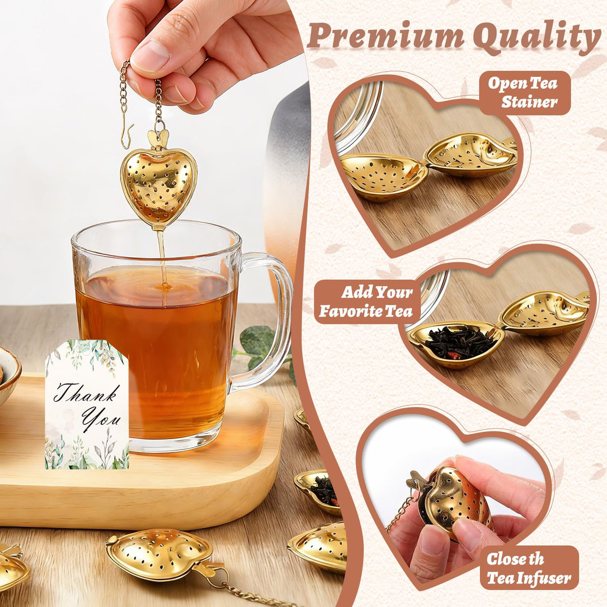30 Pack Tea Party Favors Heart Strainers Gold Leaf Spoons
