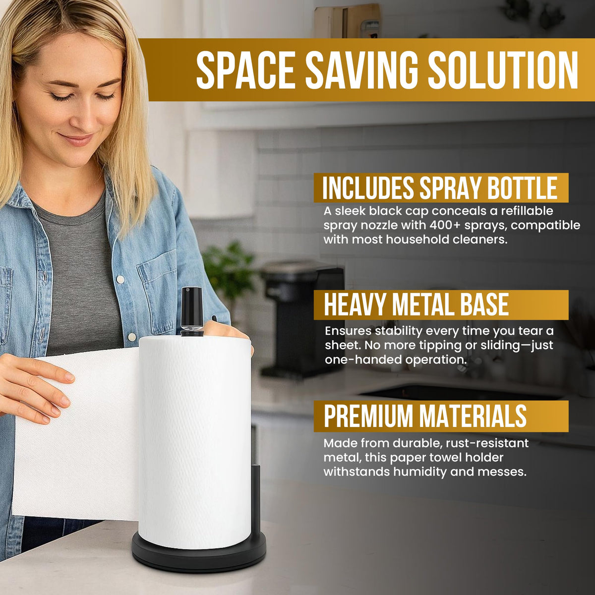 2-in-1 Paper Towel Holder with Spray Bottle, Matte Black Metal, Countertop