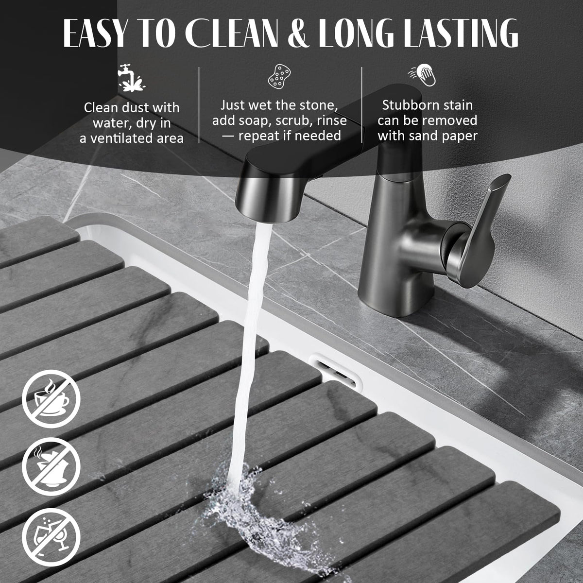 2 PCS Large Stone Dish Drying Mat for Kitchen Counter, 24"×16" Marble-Pattern Dish Drying Mat with 8"x 4" Coasters, Non - Slip Collapsible Absorbent Mat for Multi - Purpose, Match Any Countertop【Gray】