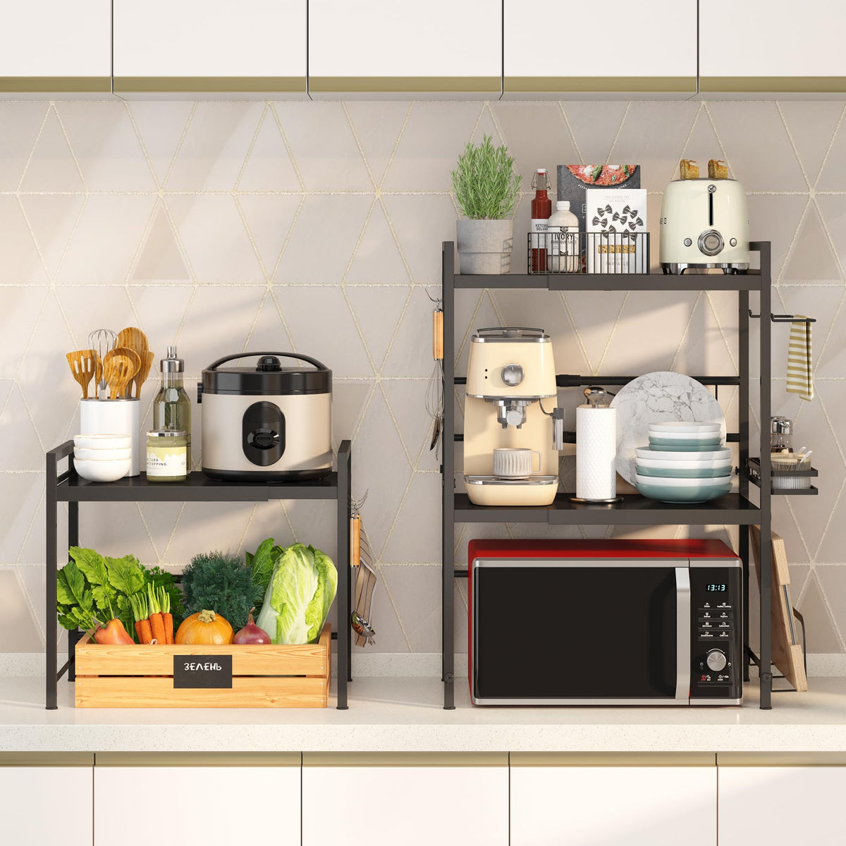 DOLALIKE Microwave Oven Rack, Expandable Microwave Stand Countertop Kitchen Utensils Tableware Storage, Carbon Steel Over Microwave Shelf Countertop with 3 Hooks