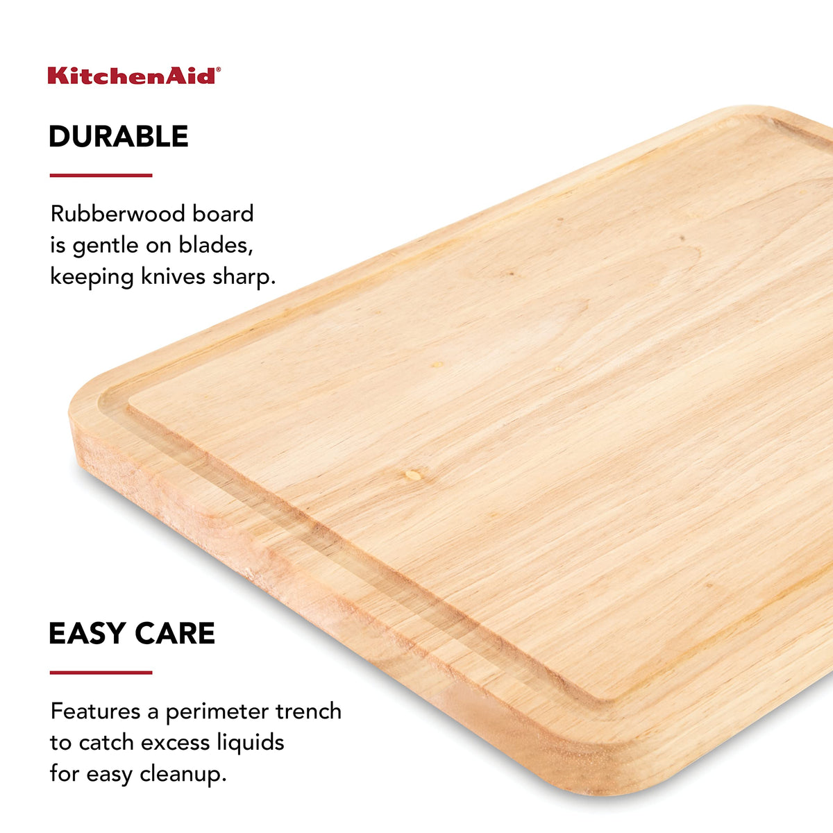 KitchenAid Classic Rubberwood Cutting Board with Perimeter Trench, Reversible Chopping Board, 11-inch x 14-Inch, Natural