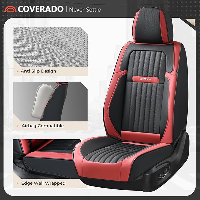 Coverado Car Seat Covers Front Seats, Seat Covers for Cars, Car Seat Protector, 2-Pack Car Seat Cushion Nappa Leather, Waterproof Seat Covers Carseat Cover Universal Fit for Most Cars(Red&Black)